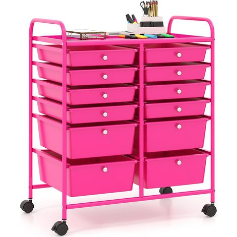 COSTWAY Carrello con 12 Cassetti con Ruote, Carrello di Stoccaggio Multiuso con Ampio Spazio di Archiviazione, Ideale per Casa Ufficio Domestico, 73,5 x 37 x 63 cm (Rosa) (1/5)
