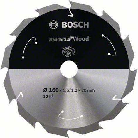Bosch Akku-Kreissägeblatt Standard for Wood, 160 x 1,5/1 x 20, 12 Zähne, Freiwinkel 10°, Spanwinkel 25°