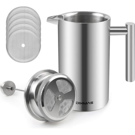 Cafetière à Piston 1L Inox Isotherme French Press 8 Tasses 5 filtres de rechange en acier, 1000ml (1/5)