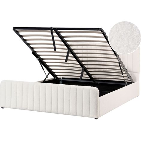 Beliani Ottoman Bed White Boucle 160x200 EU King Size Tufted Headboard 5ft3 Fabric, With Storage, Holds up to 200 kg, 167 x 216 x 100 cm, 100% Polyester LUNAN (1/5)