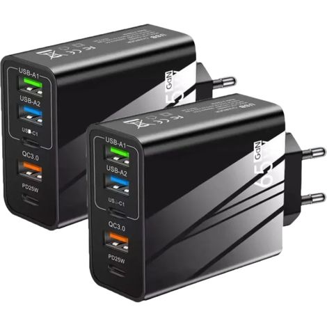 Paquete de 2 cargadores, adaptador de corriente de 65 W, 2 puertos USB-C, 3 puertos USB-A, para el hogar, la oficina y los viajes. (1/5)