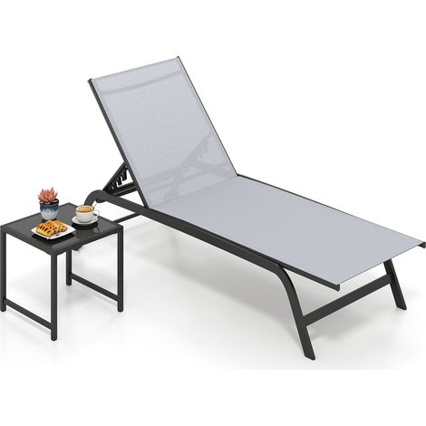 Chaise Longue avec Roulettes et Table d'Appoint, Bain de Soleil Inclinable avec Dossier Réglable à 6 Niveaux, Plateau Verre Trempé, Charge 150kg, Gris (1/5)