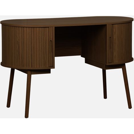 Scrivania ovale con effetto legno scanalato e due vani portaoggetti, 120cm