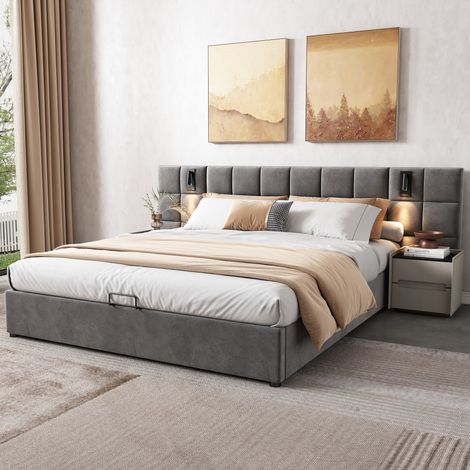 Bett 160x200 cm modern grau, Polsterbett aus Stahl mit Stauraum, breitem Kopfteil, verstellbarem Leselicht und USB (1/5)