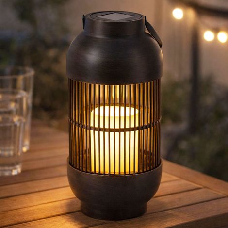 Lampada da tavolo a luce solare Lampada da esterno Lanterna Candela Lampada da giardino Lampada da terrazza effetto fiamma, plastica nera, batteria, 1x LED bianco caldo, H 33 cm