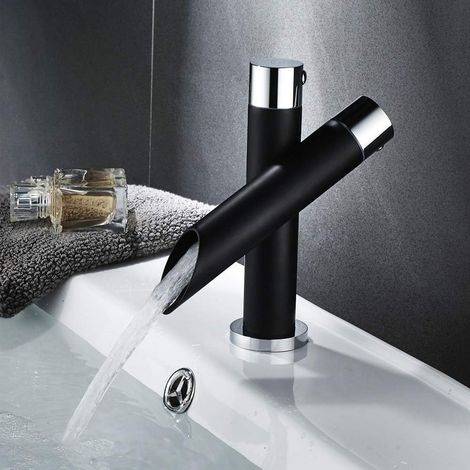 Robinet de salle de bain lavabo noir mat pour évier en cascade mitigeur monocommande robinet design moderne en laiton (court), Robinet (1/5)