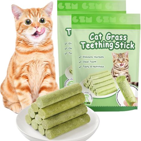 Bâton d'herbe à Chat, 12 pcs Bandes Bâton Chats de Dentition d'herbes à Mâcher Dentition lyophilisé Comestible pour Le Nettoyage des Dents et Élimination des Boules de Poils pour Chat (1/5)
