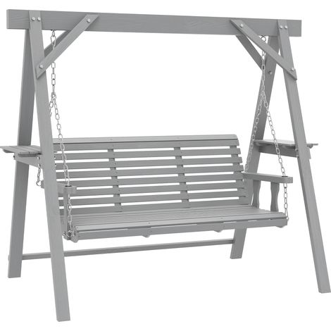 Outsunny 3 Seater Wooden Garden Swing Chair with Side Tables, Dark Grey