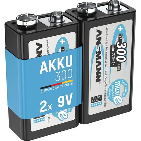 ANSMANN 2x Batteria ricaricabile 9V - Tipo 300mAh (min. 270 mAh) NiMH - Pila E-Block prericaricata (1/5)