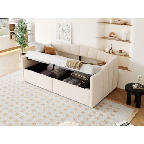 Polsterbett Sofabett, Mit hydraulischer Lagerung, Mit Lattenrost und Armlehnen, Klassisch Gestreift, Multifunktionales Einzelbett, Hautfreundlicher Samtstoff