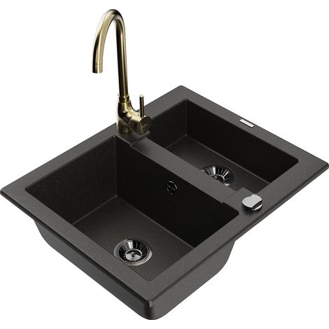 Mexen Carlos lavello in granito 1,5 vasche con rubinetto da cucina Telma, nero/oro metallizzato - 6518-75-670200-50-B (1/5)