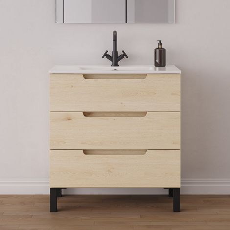 Meuble de salle de bain 70cm simple vasque - sans miroir - 3 tiroirs - roble calima (bois clair) - RIZA (1/5)