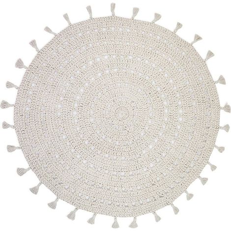 Tapis Enfant Style Bohème en Coton Crocheté Main avec Pompons Coloris Écru - PANGIVO (1/5)
