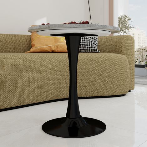 Table noire de 27.6-inch, style moderne du milieu du siècle, table à manger pour 2 à 4 personnes, avec plateau rond en marbre à finition veinée gris clair, idéale pour différents espaces. (1/5)