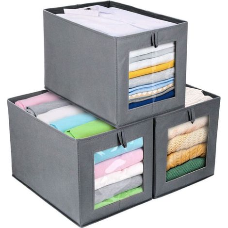 Boîte de Rangement, Panier Cube de Rangement Pliable 3 Pièces, Fenêtre Transparente, Casier en Tissu en Carton avec Couvercle, Armoire, Tiroir, Gris Clair (1/4)