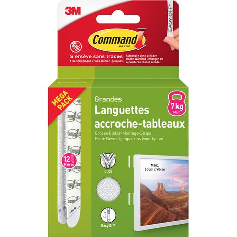 Lot de 2 languettes accroche tableaux Command™ 17206WHI-12-FGN-VP-S, blanches, grandes, 24 paires par lot (48 languettes au total), multi-pack (1/5)
