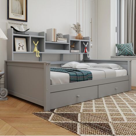 Cama infantil 90x200 cm con cajones y estantes, madera, gris DESVIAE (1/5)