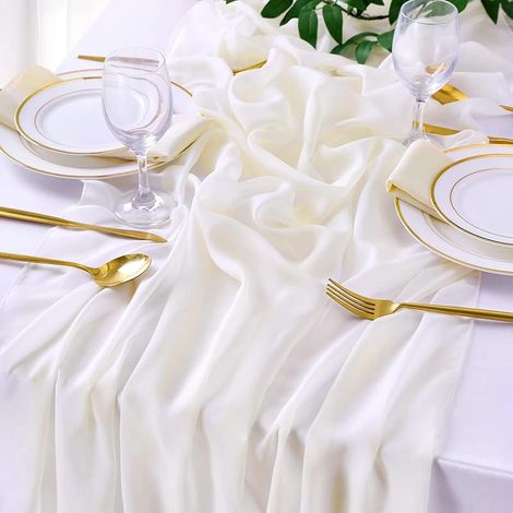 Tischläufer aus cremefarbenem Gaze im Bohème-Stil, ideal für Hochzeiten, Partys, Weihnachten und Geburtstage, 70 x 300 cm (1/5)