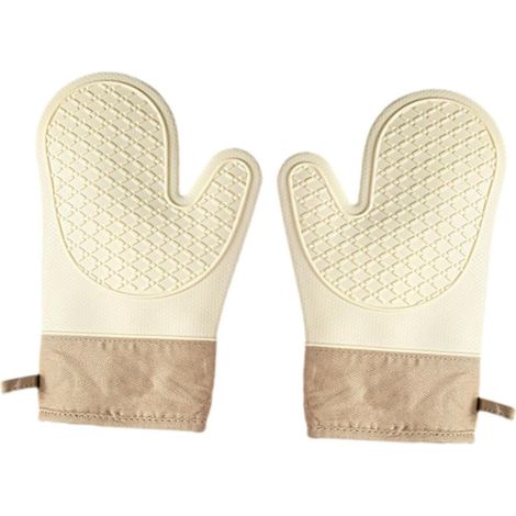 2PCS beige Cuisine,Gants de Cuisine Une Surface Antidérapante en Silicone, Intérieur en Coton, Gants Cuisine Résistant à la Chaleur,Gant pour Four de Cuisine (1/5)