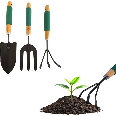 Lot de 3 Outils de Jardin avec râteau pour ramasser Les Feuilles, Une Fourchette pour Transplanter des Fleurs et des épées pour Creuser Le Sol - fabriqués en matériaux résistants et poignée (1/5)