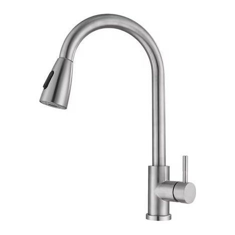 Robinet de cuisine à tirette à poignée unique en nickel brossé, à arc élevé, robinet d'évier avec douchette extractible (1/4)