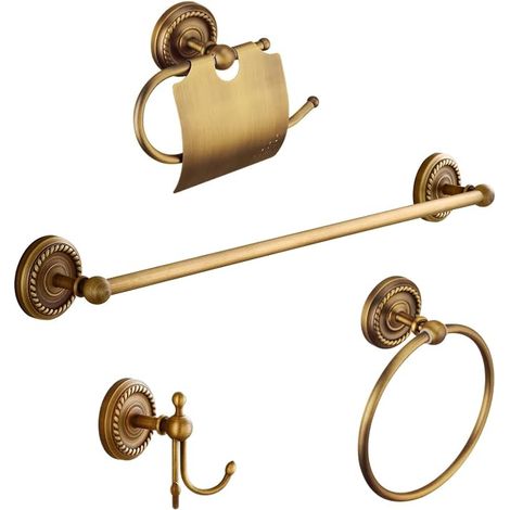 4-teiliges Badezimmer-Accessoire-Set – Antikmessing – 40 cm Handtuchstange mit Halterung und Haken, Toilettenpapierhalter und Handtuchring (1/5)