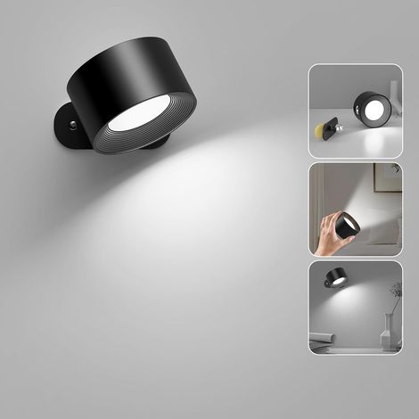 Noir,360° Applique Murale Interieur, Lampe Murale Sans Fil LED Rechargeable Tactile, Rotation de Applique Murale Chambre 3 Températurs de Couleur et Luminosité Réglable (1/5)