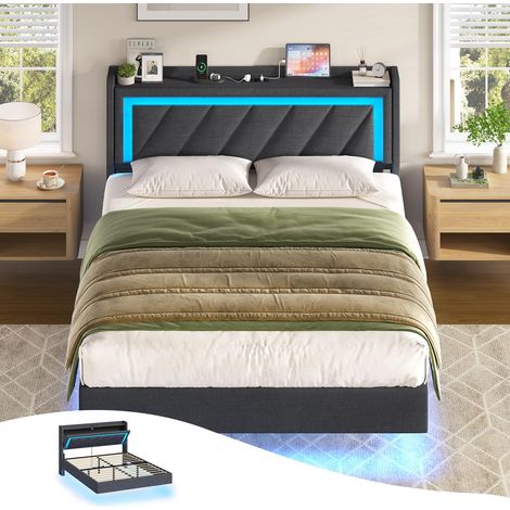 Cadre de Lit 140x190,Lit Flottant avec Multiprise et Éclairage LED,Lit 2 Personnes avec Tête de Lits Rangement,Lits 2 Places avec Sommier Métal,Lit 140 x 190 avec Sommier,Gris (1/5)