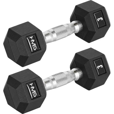 Hex Dumbbell 3 kg, Rubber-Coated, Knurled Handle, 2-Pack (1/3)