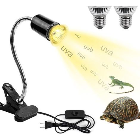 Lámpara de calor para reptiles de 50 W, Luz de calor UVA+UVB, Pinza giratoria de 360°, Para tortugas, lagartos y serpientes (1/5)