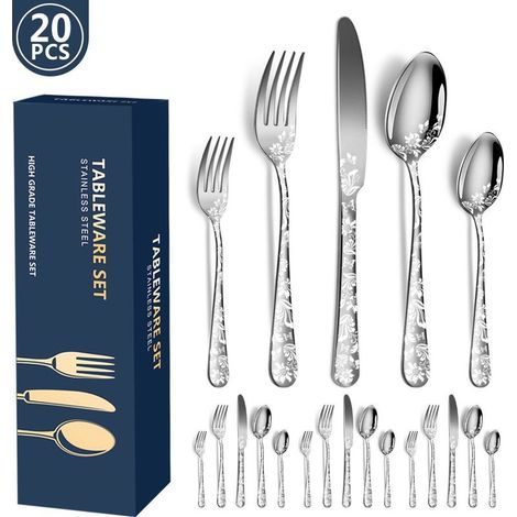 Couverts pour 4 personnes. ensemble de 20 pièces en acier inoxydable. motif argenté poli comprenant couteaux. fourchettes et cuillères à café /salle à manger/fêtes (1/5)