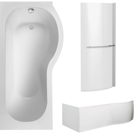 P Shape 1700x850 Right Hand Shower Bath Set – Squared Front Panel, Curved P Bath Screen with Towel Rail & Leg Set (1/4)