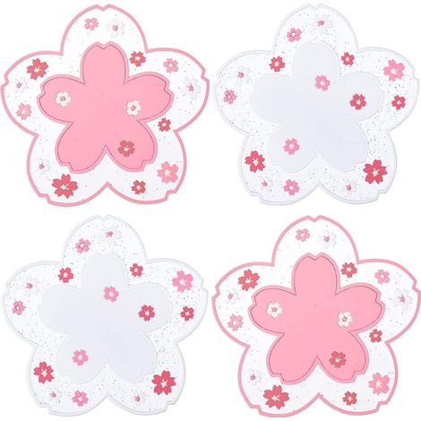 Juego de 4 posavasos con diseño de flor de cerezo, PVC, 2 rosas + 2 blancos, antideslizantes. (1/5)