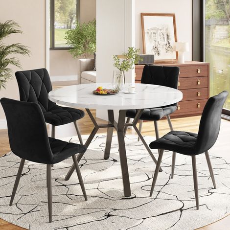 Ensemble table ronde et 4 chaises de salle à manger, plateau MDF effet marbre blanc, piètement métal noir, assises en velours noir, style moderne - CHICFURN (1/5)