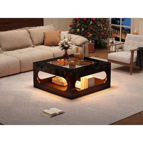 Table basse carrée LED 70 x 70 x 35 cm, verre trempé, niche centrale, MDF noir brillant (1/5)