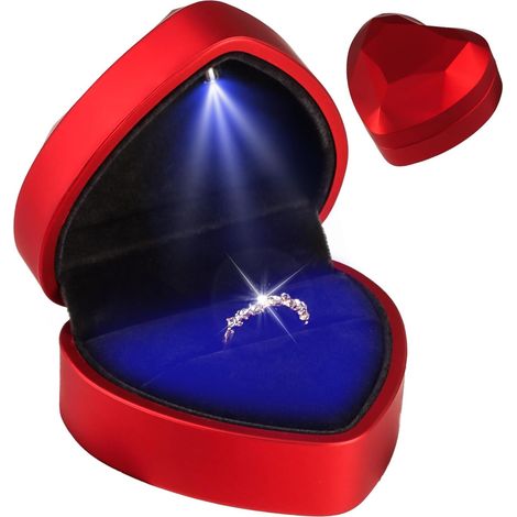 Ringbox – 1 Stück – Samt und lackiert – Automatische LED-Beleuchtung – Für Hochzeit und Verlobung – Rot, 7 x 6,5 x 4,5 cm (1/5)