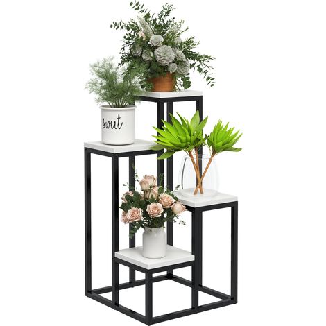 Blumenregal, 4 Etagen, für drinnen und draußen, Metallgestell, 34 x 34 x 70 cm (L x B x H), schwarz + weiß