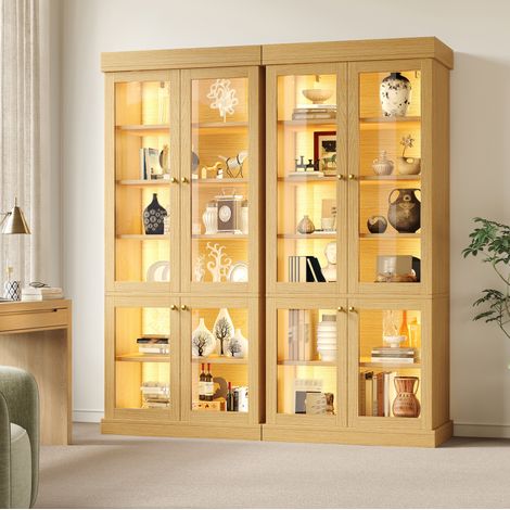 Vitrina alta moderna 160x40x180 cm en MDF y vidrio con LED, antivuelco, natural (1/5)