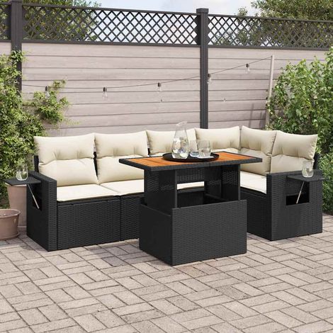 Ensemble salon jardin 6 places résine tressée noir avec coussins crème et table extensible acacia (1/5)