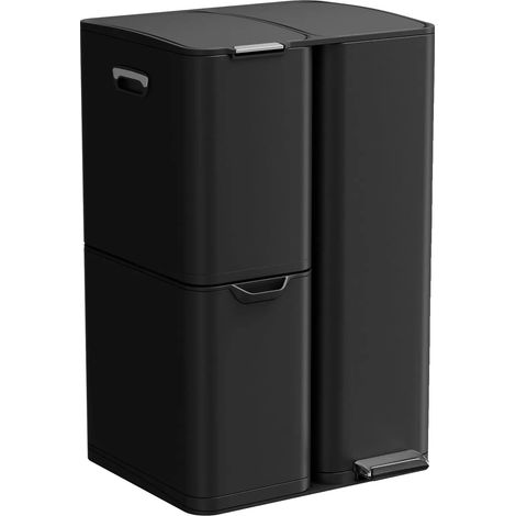 Cubo de basura de 3 compartimentos con tapa de cierre suave, color negro, 60 litros (16 galones). (1/2)