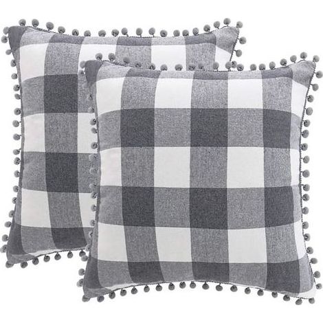 Housse de Coussin à Carreaux Lot de 2 Housse de Coussin Décorative avec Pompons Housse de Coussin Décorative 45x45cm avec Fermeture Éclair Cachée Gris et Blanc (1/5)