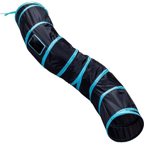 Cat Tunnel Tube Tunnel en forme de S 25 x 97 cm Tente de jeu extensible Pliable Accessoire pour chats Jouet interactif Labyrinthe Maison pour chats avec boules et cloches bleues (1/5)