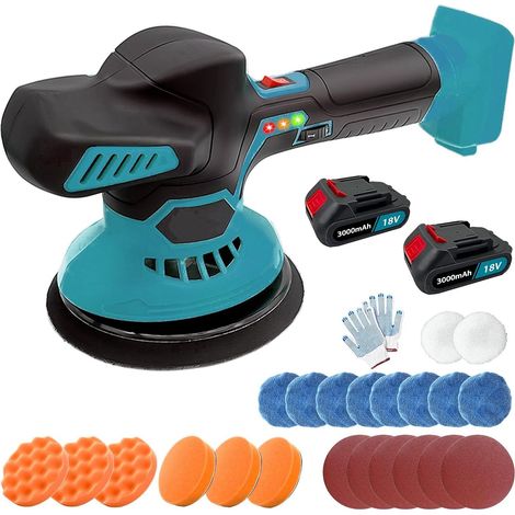 Polisseuse Voiture Sans compatible avec Makita 18V, 6 vitesses (6000 tr/min), poignée amovible des Voitures et Des Bateaux, Polissage,Cirage et Finition des Voitures, avec 2 Batteries 3000mAh (1/5)