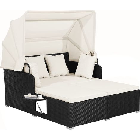 COSTWAY Cama de Ratán para Patio con Capota, Tumbona de Ratán para 2 Personas, Paneles Laterales Plegables, Sofá Cama Doble para Jardín, Patio Trasero, Porche, Césped, 165 x 153 x 138 cm (1/5)
