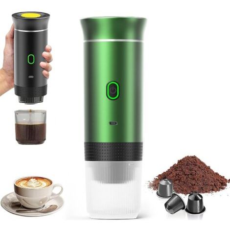 Machine à Café Portable de Voyage,Expresso Cafetière Rechargeable 12V et sa pochette Pour Camping et Voiture,Chauffage Rapide,compatible avec Capsules K-Cup et café moulu,Pour voyage (Vert) (1/4)
