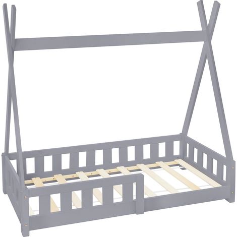 ML-Design Kinderbett Tipi 70x140 cm Hellgrau mit Rausfallschutz und Lattenrost, Kiefernholz, Indianer Bett für Mädchen und Jungen, Hausbett mit Zaun, Bodenbett Kinderhaus Jugendbett Spielbett Zelt (1/5)