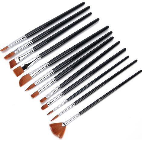 Lot de 12 pinceaux en nylon, de tailles variées, à manche court, adaptés à l'aquarelle et à la peinture à l'huile. (1/5)