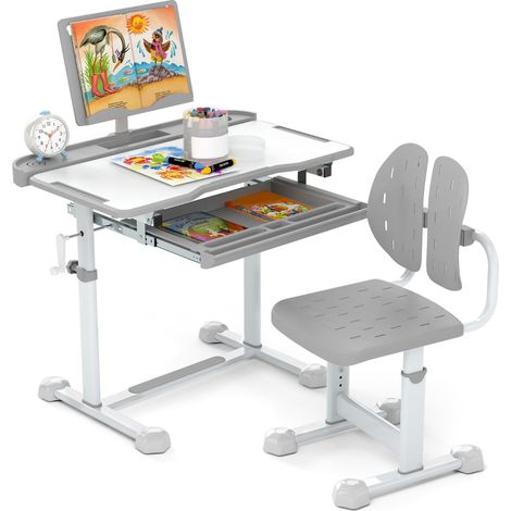 Scrivania per bambini con piano inclinabile sedia ergonomica, Set di scrivania e sedia regolabile in altezza Grigio (1/3)