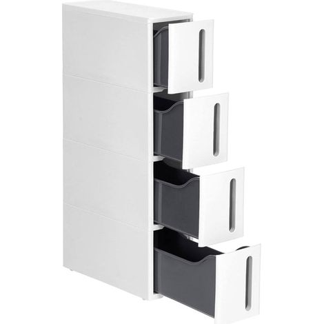 Tour de rangement sur roulettes colonne de cuisine étroite étagère plastique à 4 niveaux gain de place 45 x 17 x 84 cm blanc et gris (1/2)
