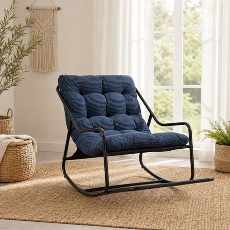 Silla mecedora con cojín grueso, estructura de acero, 75 x 116 x 82 cm, negro y azul marino HAVRYA (1/5)